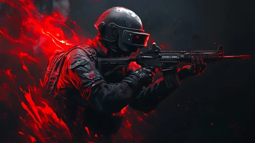 Armored soldier aiming rifle in red digital combat scene.