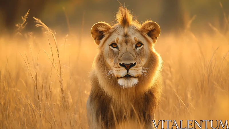 Male lion stands in golden grassland during warm sunset light