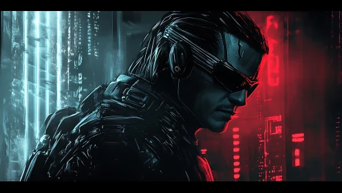 Cyberpunk operative profile in neon-split urban interface portrait.