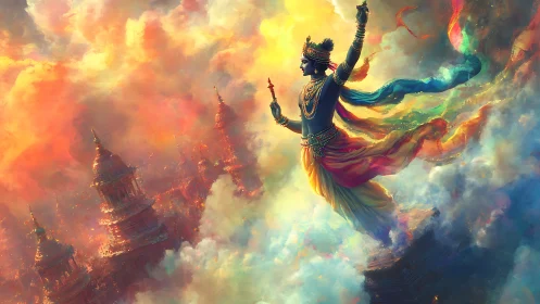 Figure in midair moves above temple spires within dense clouds