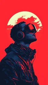 Man wearing VR headset and headphones faces stylized sun backdrop