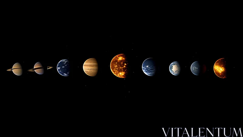 Aligned planetary bodies against deep black space background.