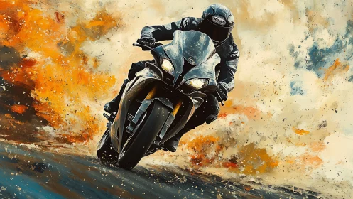 Motorcyclist on sport bike amid abstract smoke and debris.