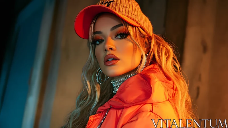 Stylish woman in orange streetwear jacket under warm light