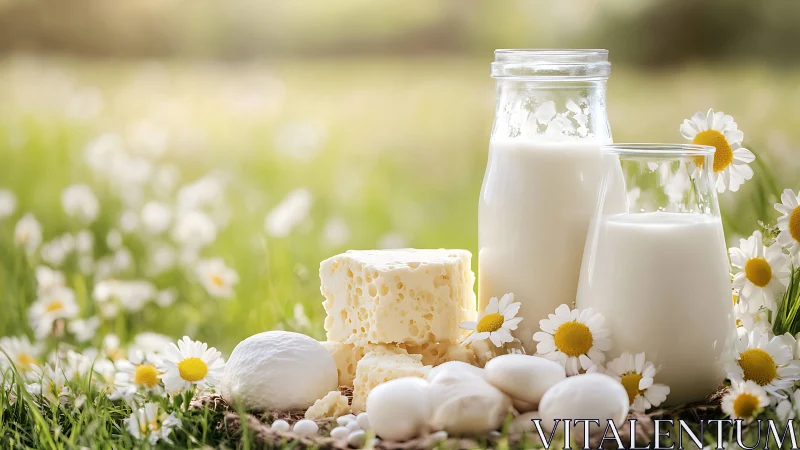 Rustic dairy assortment rests among blooming chamomiles.