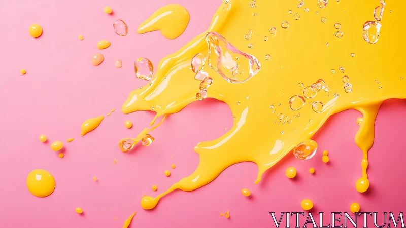 Macro splash of yellow liquid on smooth pastel pink backdrop