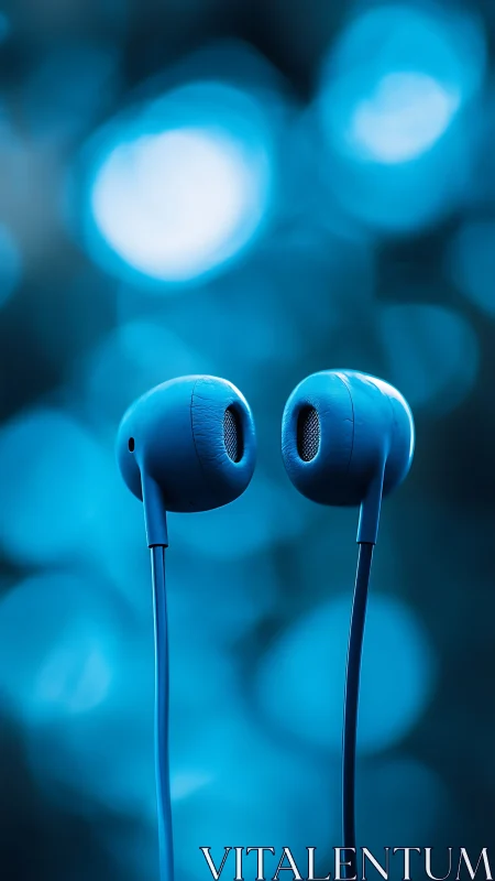 Blue wired earphones float against dreamy bokeh background.