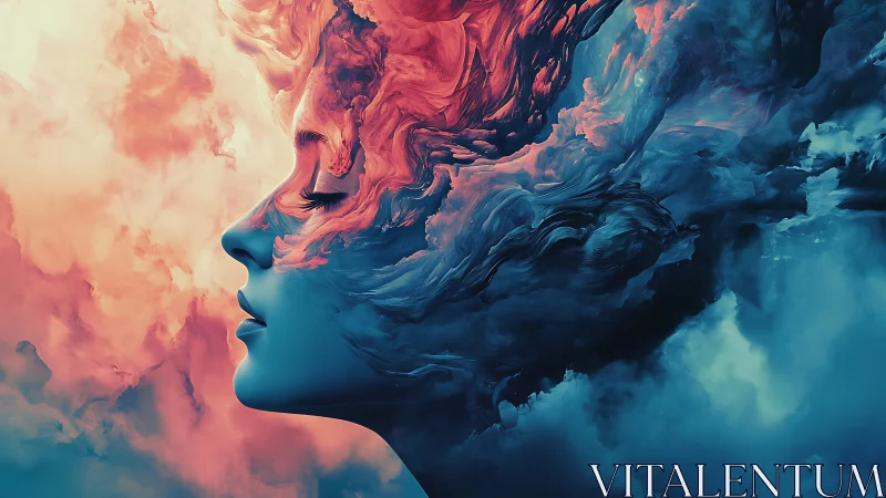 Surreal female profile dissolves into turbulent bicolor nebular clouds