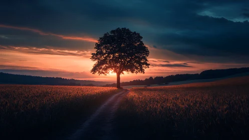 Solitary field tree aligned to sunset horizon with dynamic sky