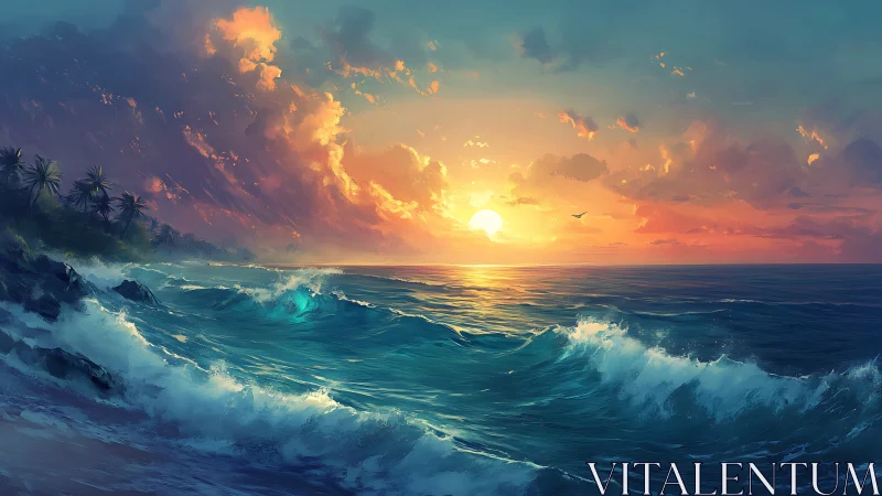 Golden sunset waves rolling toward a tranquil tropical shore.