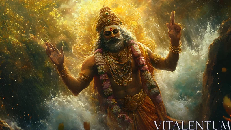 Depiction of a robed, crowned figure emerging amid cascading water