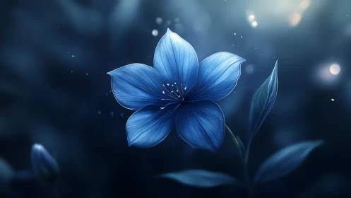 Blue five-petaled flower with luminous bokeh background