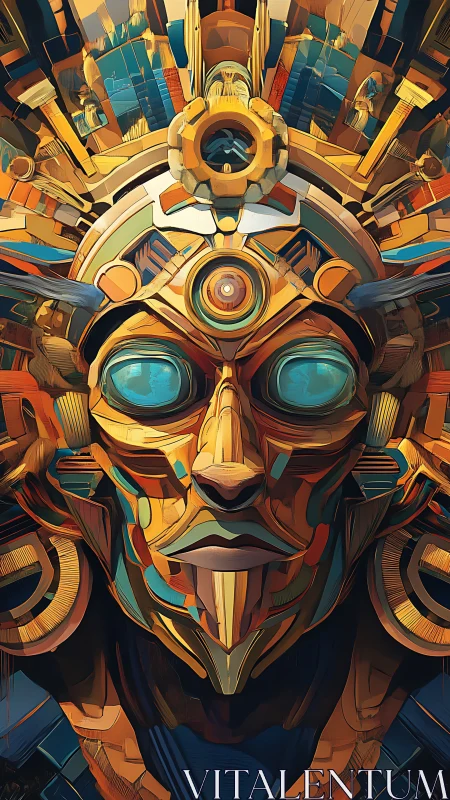 Cybernetic sun god mask with luminous teal eyes and crown.
