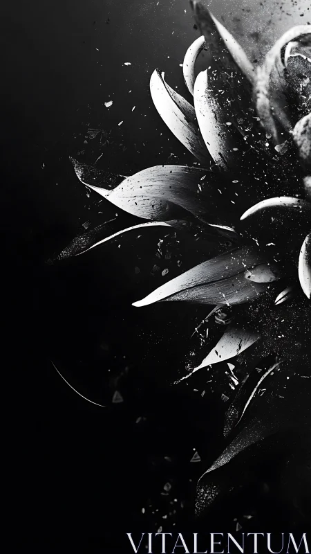 Black and white macro study exploring delicate flower petals with dramatic volumetric lighting.