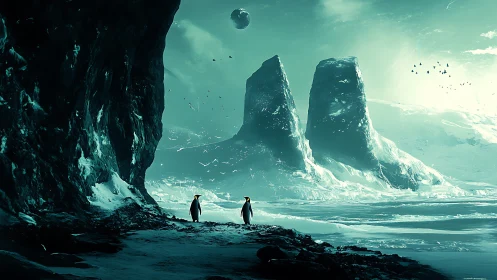 Penguins wander beneath alien ice spires and distant moon.