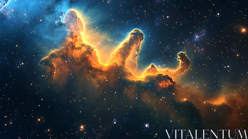 Cosmic nebula pillars glowing against dense starfield.