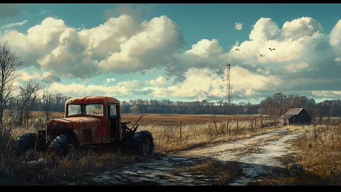 Rusting truck and winter field under volumetric cloudscape.