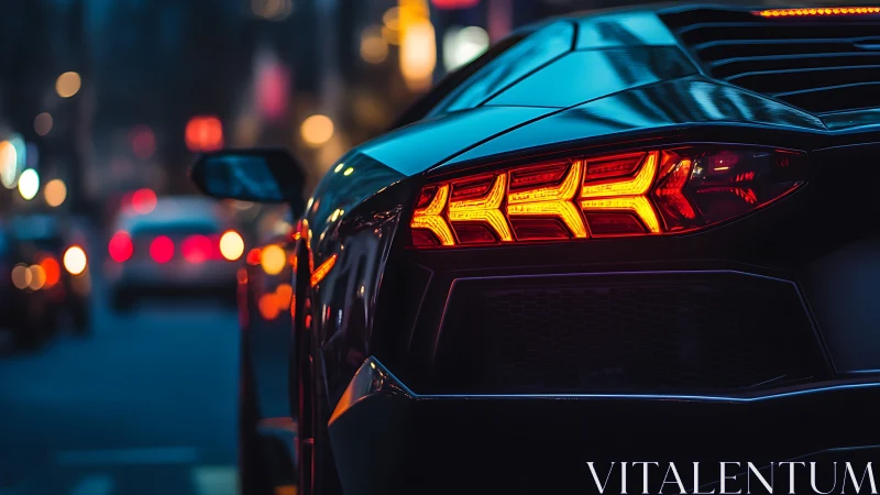 Supercar tail lights glowing in cinematic city dusk.