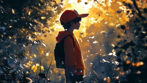 Backlit forest wanderer in volumetric autumn luminance.