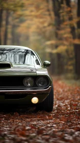 Classic green muscle car pausing on a quiet autumn forest road.