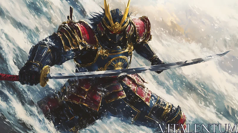 Armored samurai in dynamic surf, high-contrast brushwork and motion blur