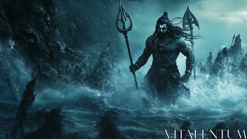 Storm-walking warrior god striding through wild ocean waves.