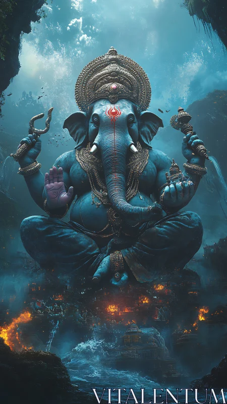 Colossal blue Ganesha deity levitates above burning coastal city