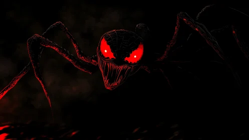 Gleaming red-eyed spider creature creeps from the shadows
