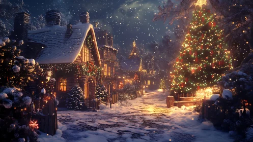 Snow covered village street with illuminated Christmas tree at night