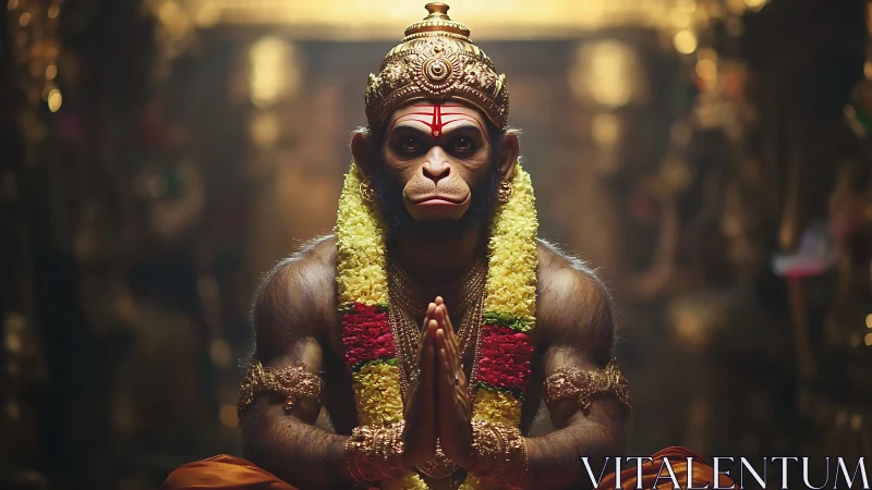 Divine monkey deity in ornate temple prayer pose.