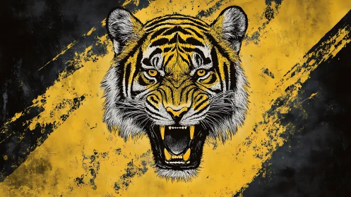 Roaring tiger head dominates bold yellow and black streaks