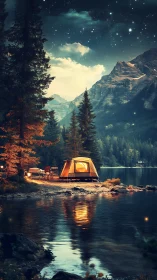 Starlit lakeside campsite glows softly beneath quiet mountains