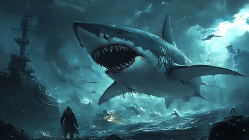 Cinematic digital painting of colossal shark assault at sea.