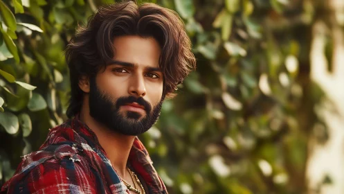 Outdoor portrait of bearded man in plaid shirt, soft bokeh.