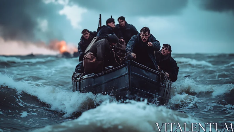 Storm-lashed military lifeboat evacuating soldiers under fire