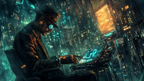 Hacker operates holographic interface in neon cyberpunk city