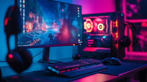 RGB gaming PC desk setup under neon ambient lighting.