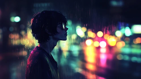 Neon rain dreamer pauses beneath city lights in bloom.