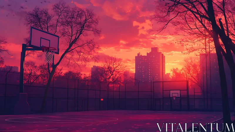 Sunset city basketball court glowing in soft pink light.