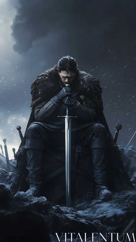 Brooding winter king clutching a stormlit silver sword.