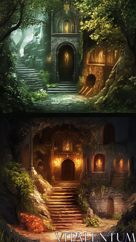 Medieval Sanctuary Glows With Enchanted Light Through Verdant Forest