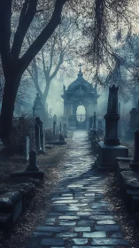 Fog-drowned graveyard path quietly tunnels toward twilight