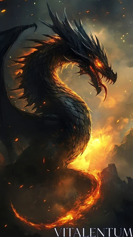 Infernal obsidian dragon coils through volcanic firestorm.