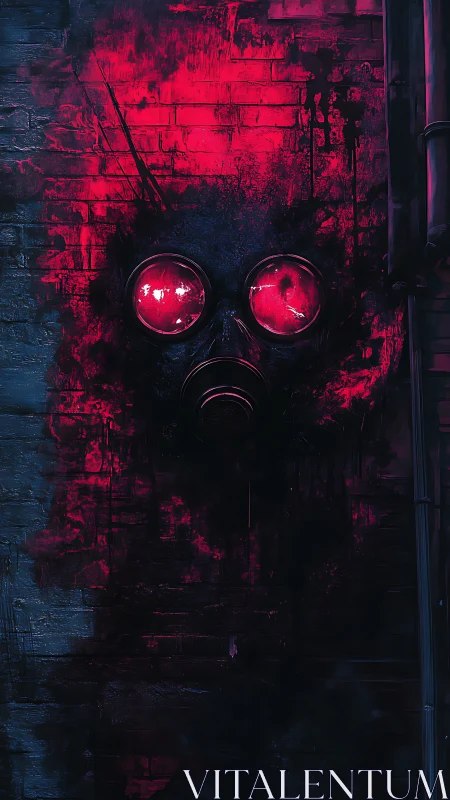Glimmering red gas mask face emerges on a dark brick wall