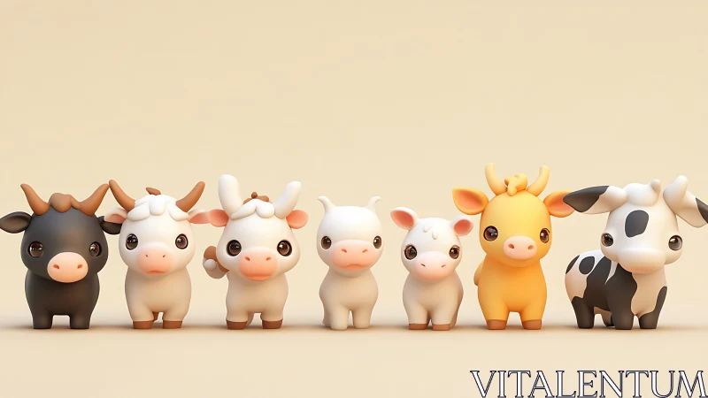 Row of stylized 3D chibi cows rendered in soft pastel lighting