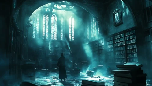 Mystic scholar stands in foglit gothic library chamber.