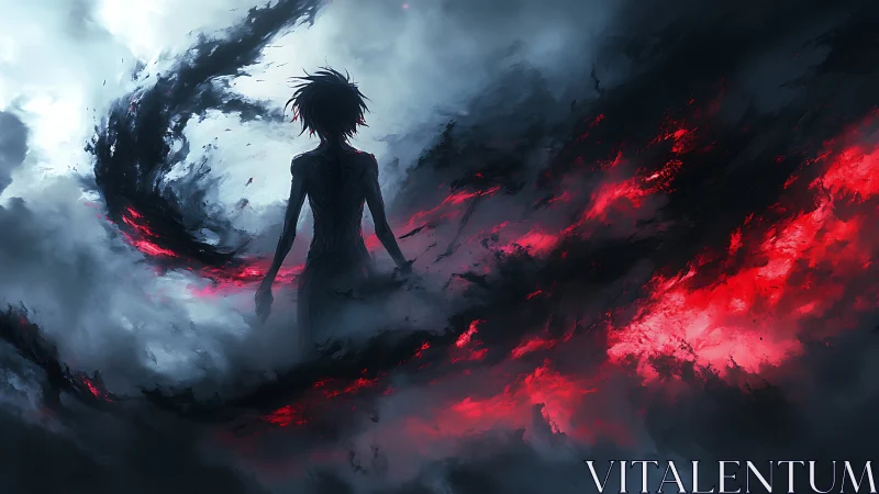 Shadowed figure commands swirling red and black storm.