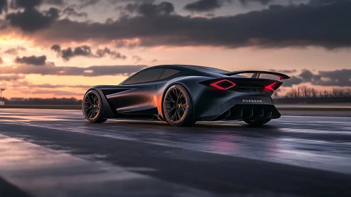 Sleek sunset supercar poised on a glistening open road.