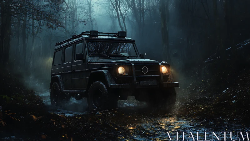 Headlights carve gold tunnels through a midnight forest trail