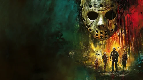 Hockey mask looms over armed figures in burning forest